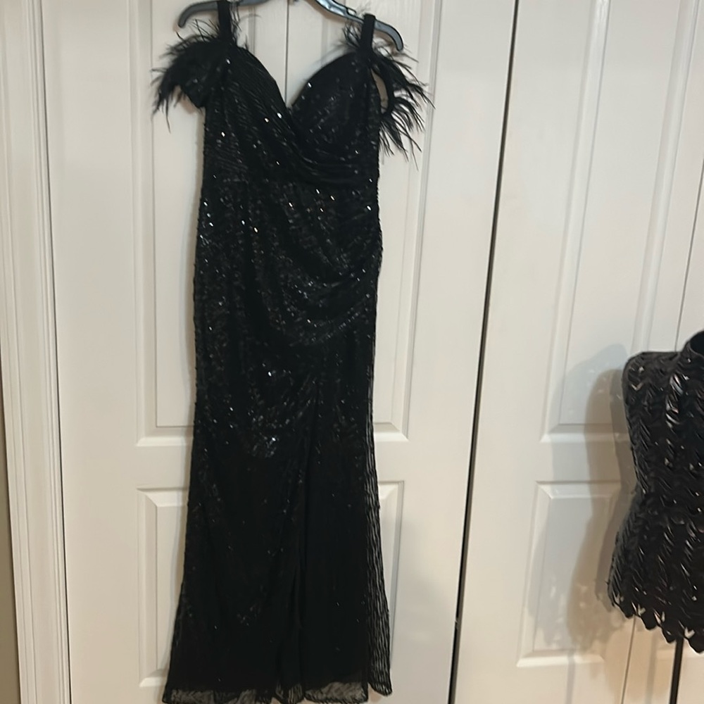 Black sequin and feathers gown
